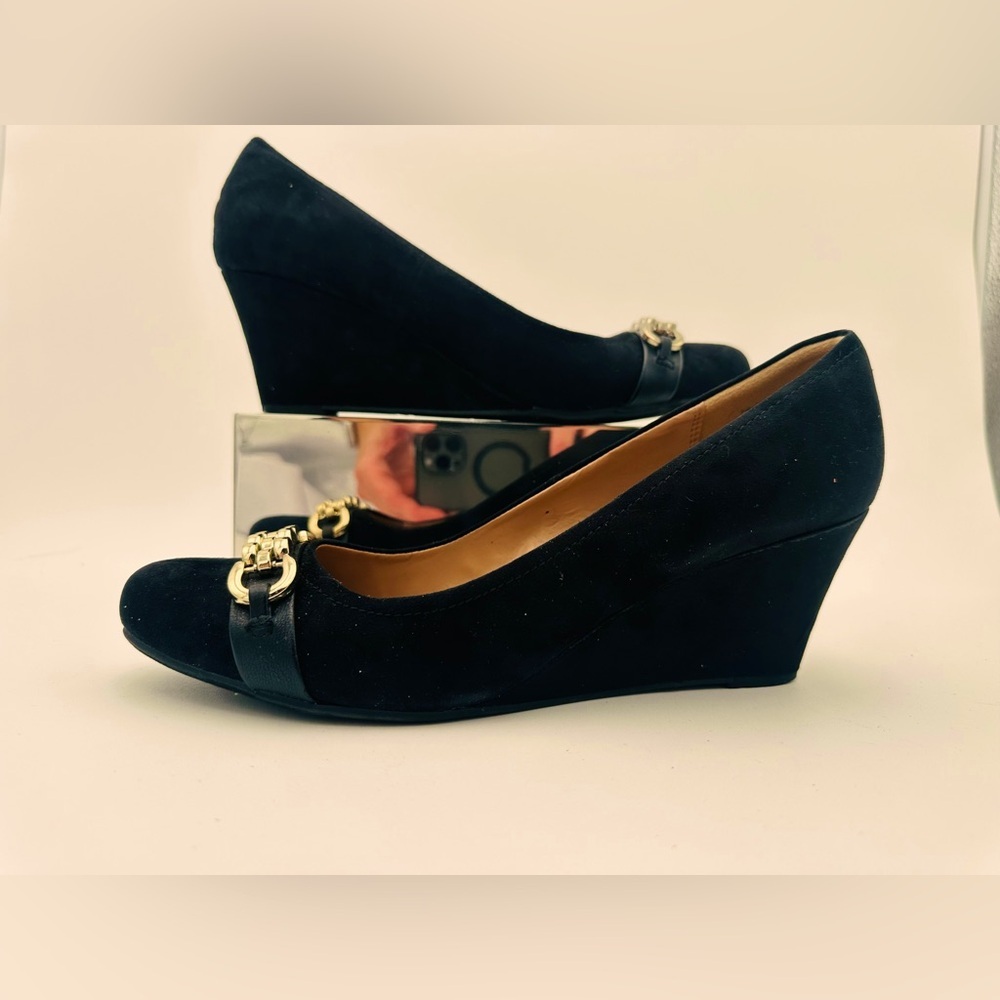 DEXFLEX wedge pump 3” heels black “suede” gold chain